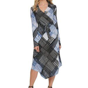 NWT DKNY Faux-Wrap Midi Dress Blue Stripe